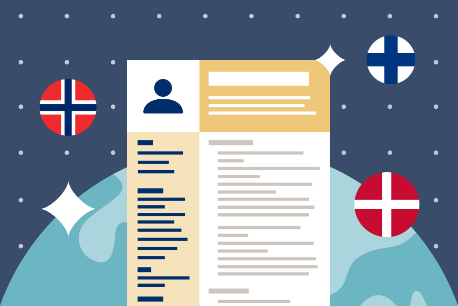 Illustration of a resume overlaying Earth, alongside circular icons showing Scandinavian flag symbols and colors, representing international jobs in Scandinavia