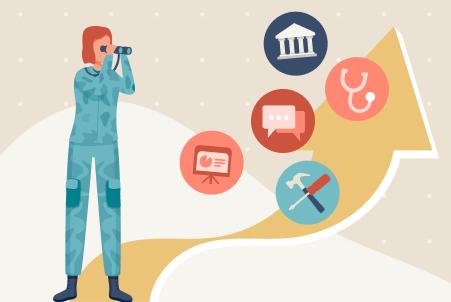 An illustration of a soldier in a camouflage uniform looking through binoculars, looking at an upward path featuring icons for civilian job sectors like healthcare, government, and business