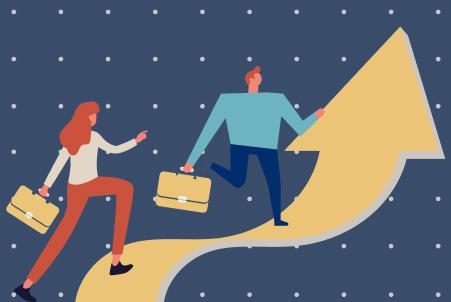 Illustrated graphic showing icons of two people holding briefcases, walking on an upward-facing arrow, representing leaving a job for a better opportunity