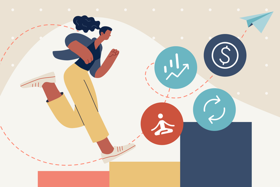 Illustration of a woman running up colored steps toward icons for growth, money, and work-life balance, representing top reasons for leaving a job.