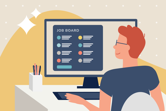 Illustration of a man looking at a digital job board on a computer screen featuring several job listings, representing someone leaving their current job and searching for a new job.