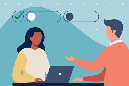 An illustration of two people in a job interview, with symbols above them representing the multiple rounds of an interview process: a completed checkmark and two progress bars