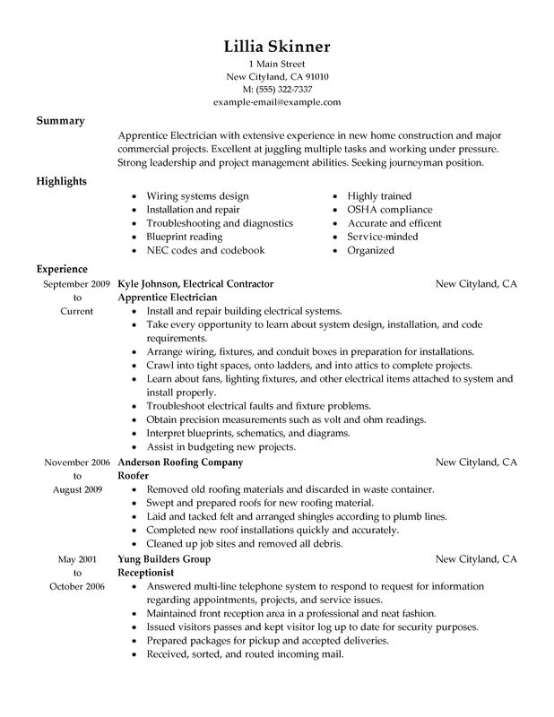 entry level electrical apprentice resume samples