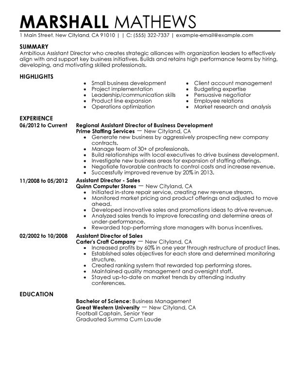 Assistant Director Resume Examples Created By Pros Myperfectresume