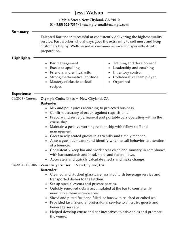 resume objective examples for bartender