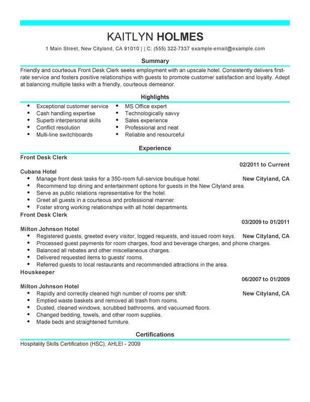 sample resume for hotel front desk receptionist