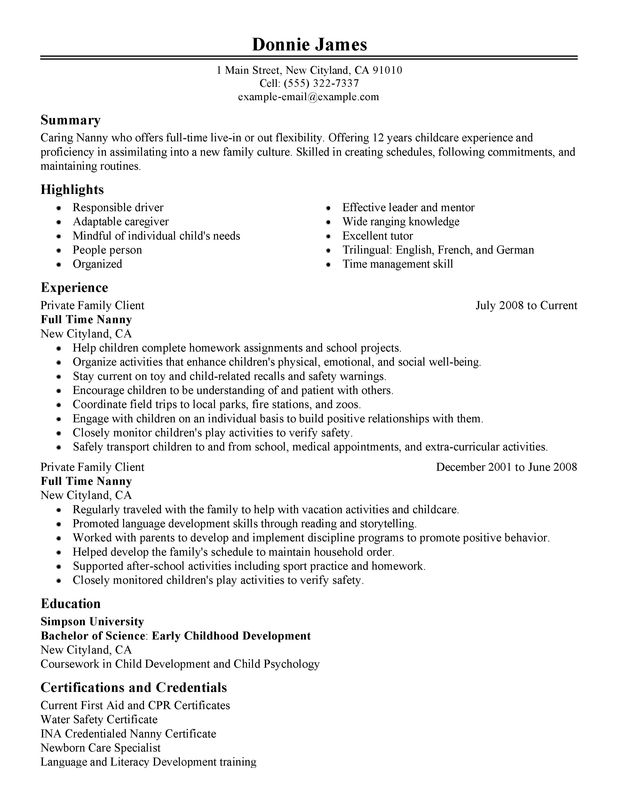 Full Time Nanny Resume Examples Free to Try Today MyPerfectResume