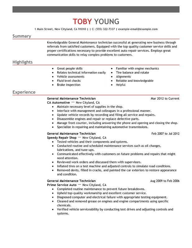 resume objective examples maintenance