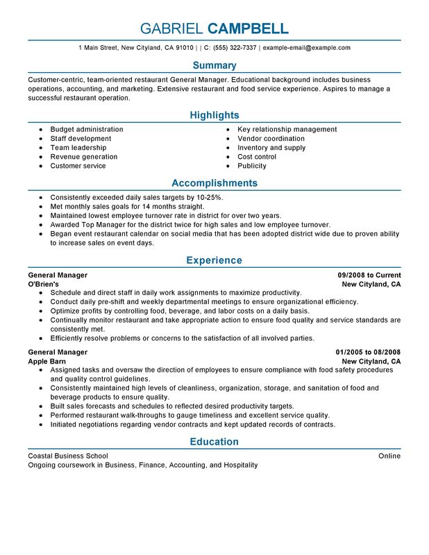 resume template restaurant manager