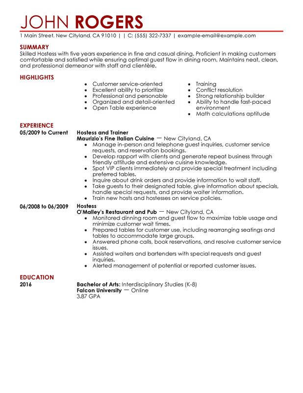 hostess server job description for resume