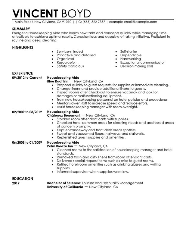 Housekeeping Aide Resume Examples Created by Pros | MyPerfectResume