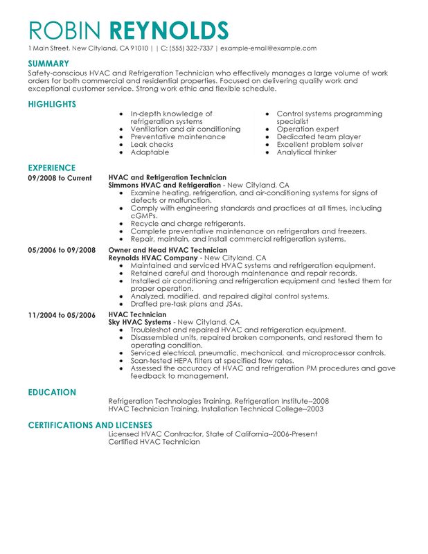 Hvac Technician Resume Example Myperfectresume