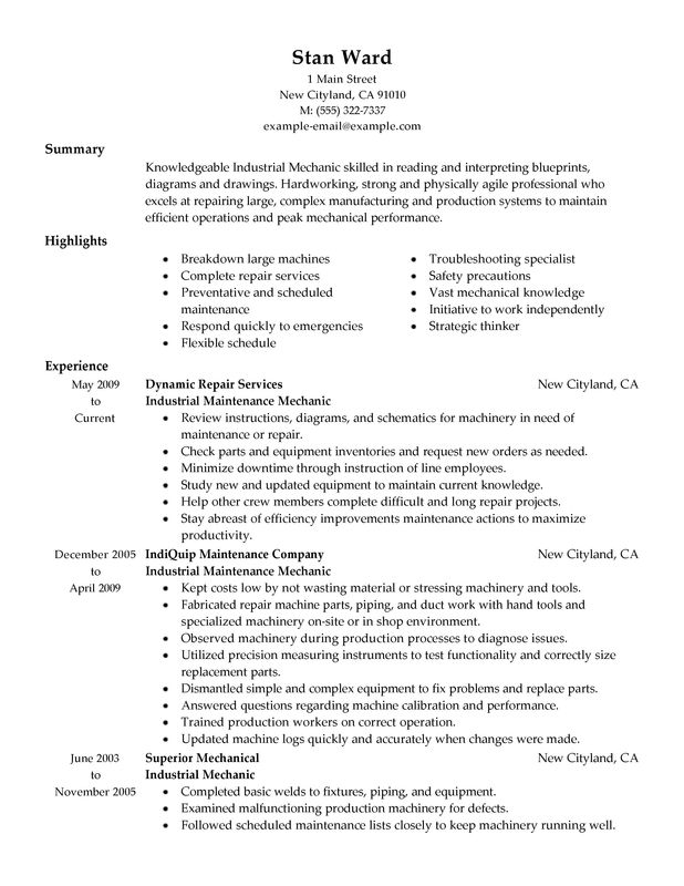 Industrial Maintenance Mechanic Resume Examples Mpr