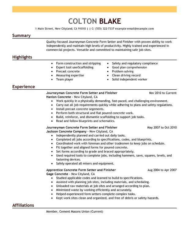Unforgettable Journeymen Concrete Form Setters And Finishers Resume Examples To Stand Out Myperfectresume
