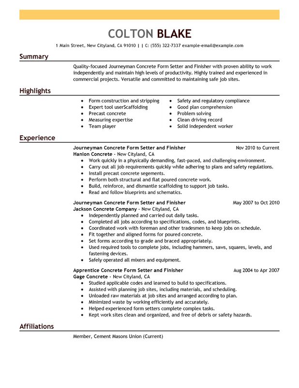 Unforgettable Journeymen Concrete Form Setters and Finishers Resume