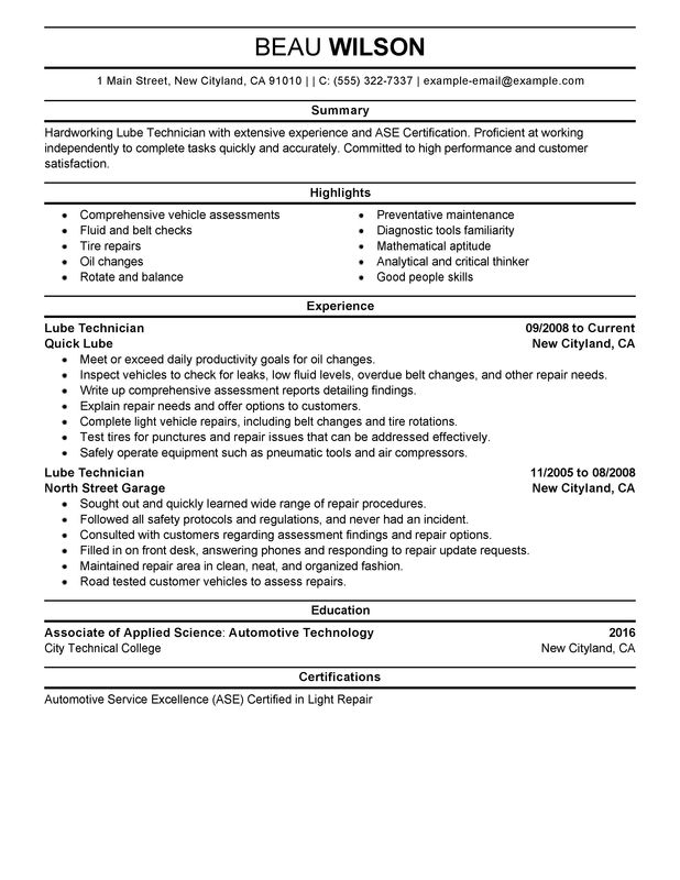 Unforgettable Lube Technician Resume Examples to Stand Out ...