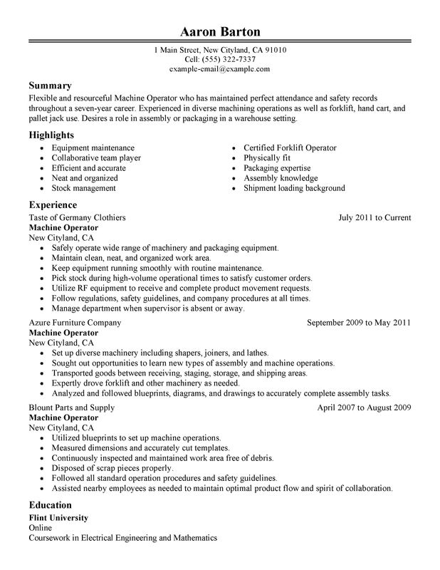 Machine Operator Resume Examples Created By Pros Myperfectresume