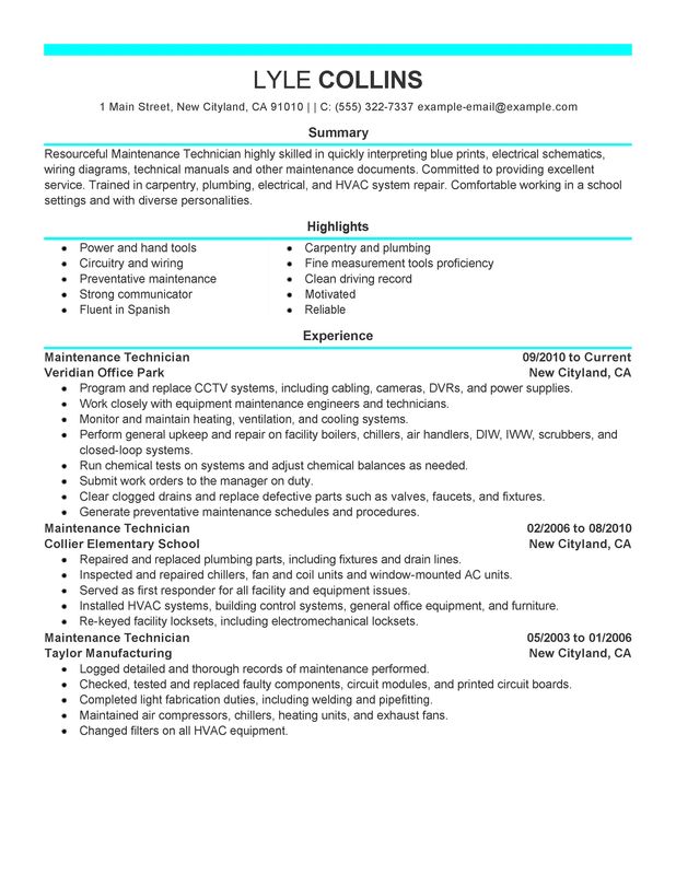 maintenance technician job duties for resume