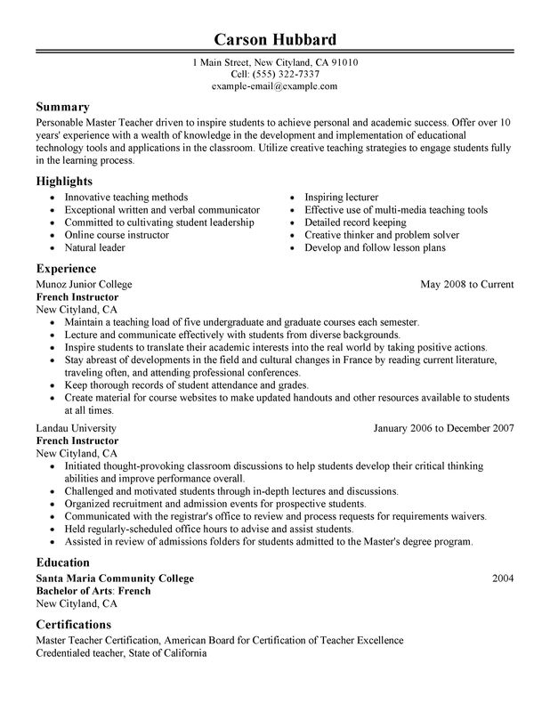 Master Teacher Resume Examples Myperfectresume