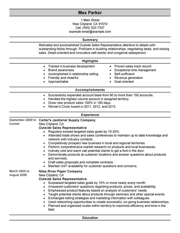 Outside Sales Rep Resume Examples Myperfectresume