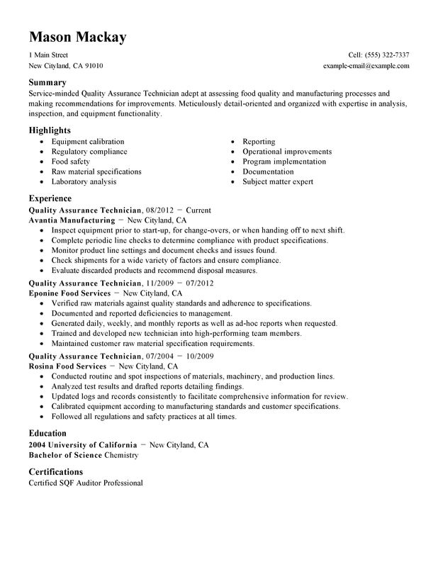 resume format for experienced quality control