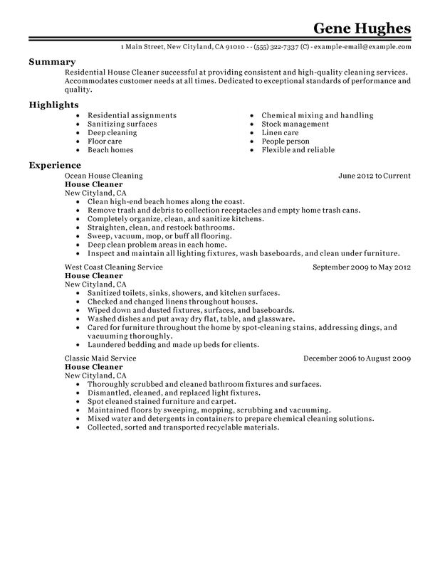 Residential House Cleaner Resume Examples Myperfectresume