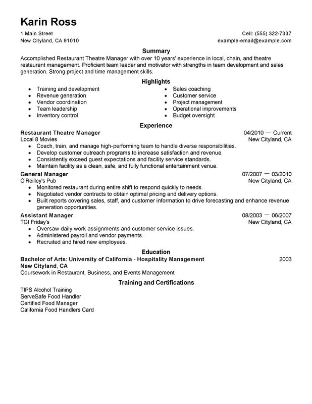 restaurant theatre manager resume examples created by pros