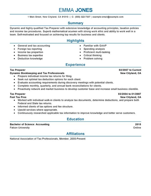 entry level tax preparer resume sample