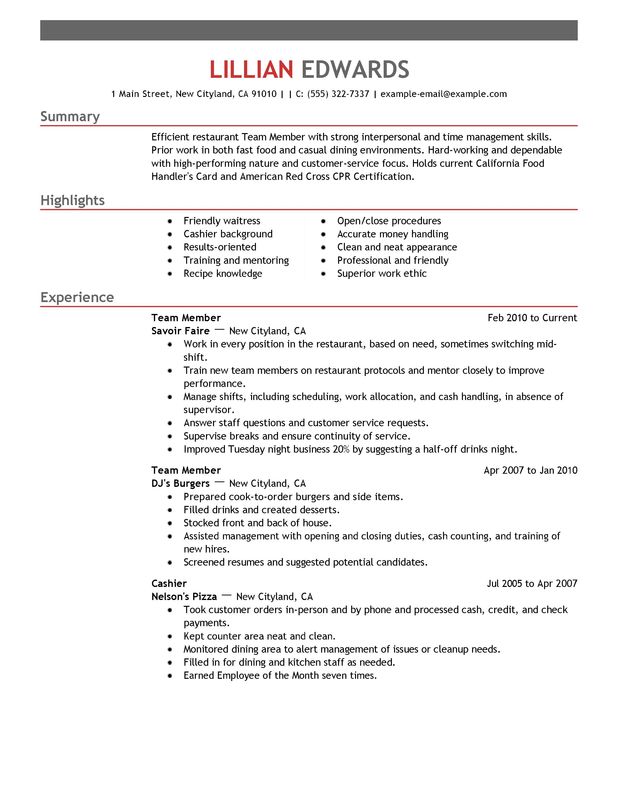 sample resume for kfc team member