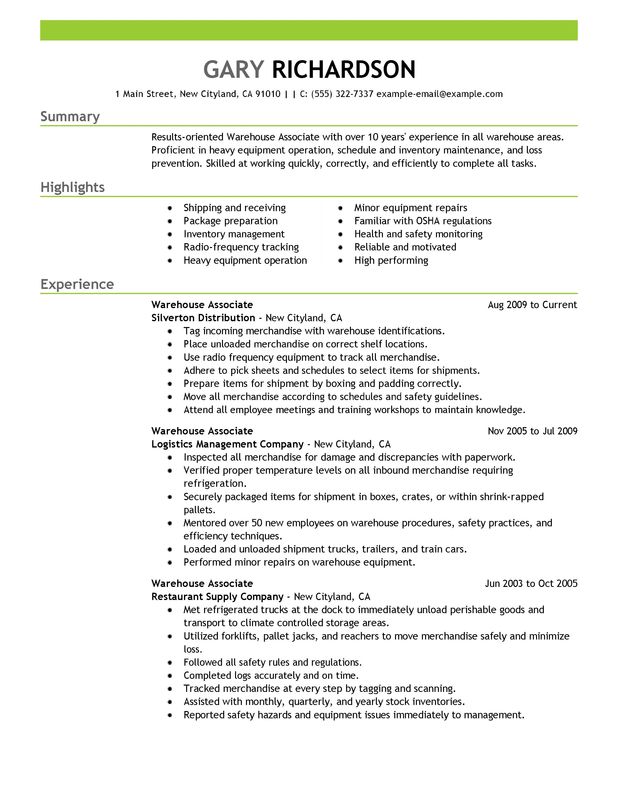 warehouse associate resume summary examples