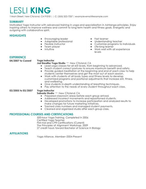 Yoga Instructor Resume Examples Myperfectresume