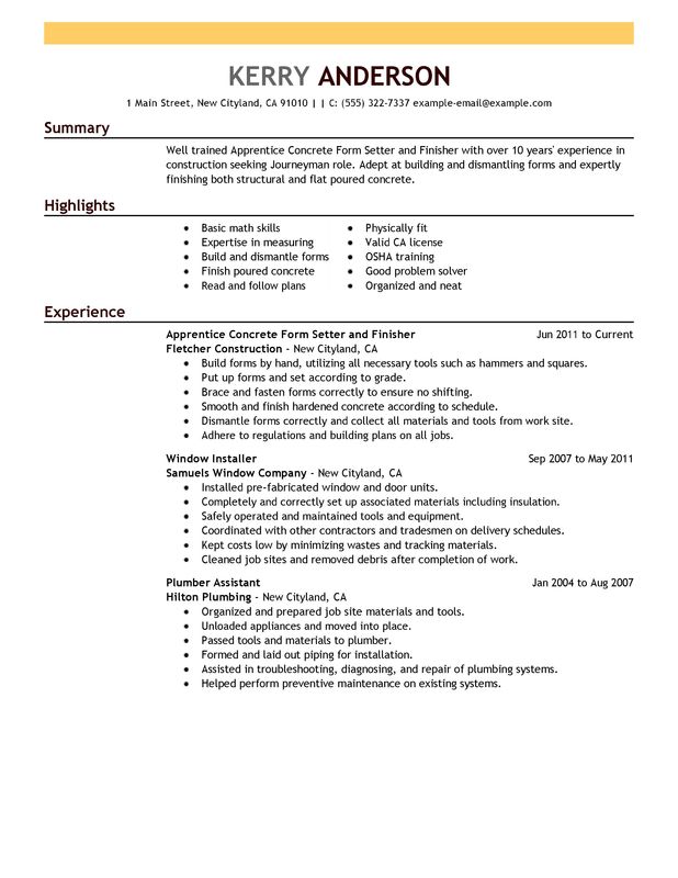 Apprentice Concrete Form Setter and Finisher Resume Examples – Free to