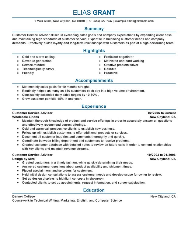 Customer Service Advisor Resume Examples Free To Try