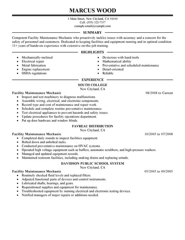 Unfor Table Experienced Mechanics Resume Examples To