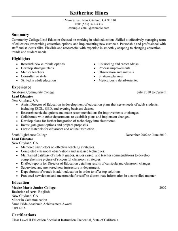 Unforgettable Lead Educator Resume Examples To Stand Out Myperfectresume