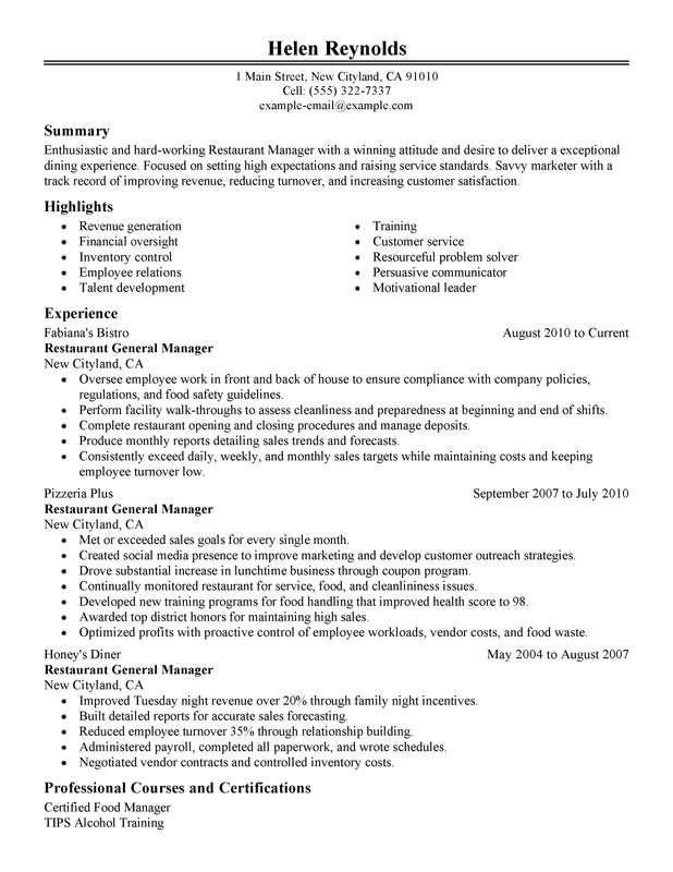 Use Our #1 Restaurant Manager Resume Example To Create Yours