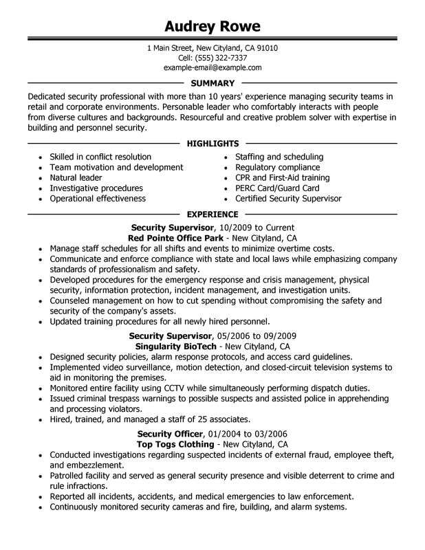 Security Supervisor Resume Sample