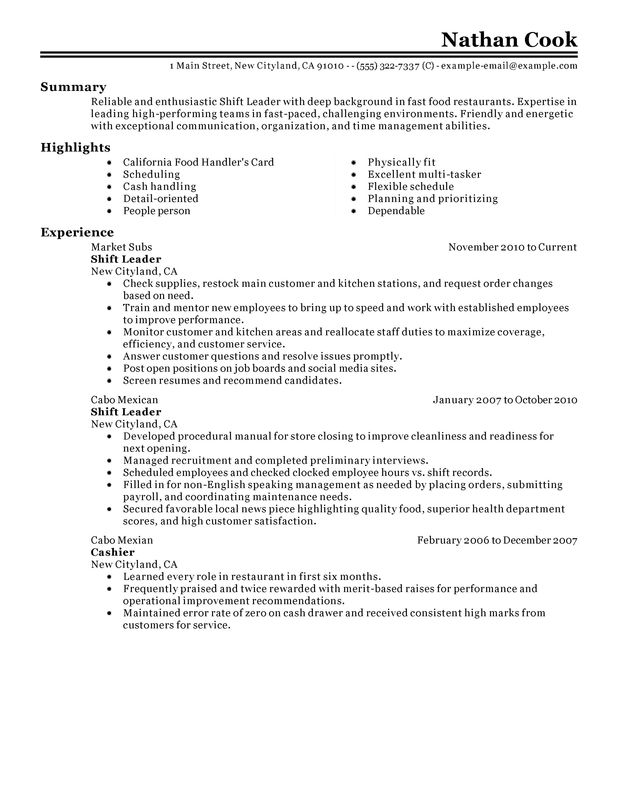 Shift Leader Food And Restaurant