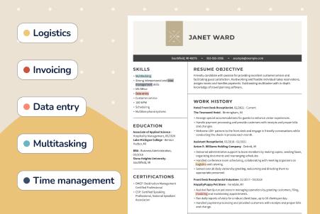 Illustration showing a job resume alongside a list of keywords to use when applying for jobs