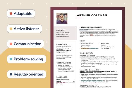 Graphic showing a resume with the candidate's photo and name at the top, alongside a list of soft skills to include when applying for jobs