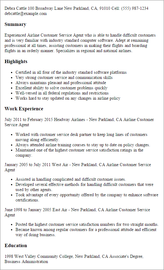 Airline Customer Service Agent Resume Example | MPR