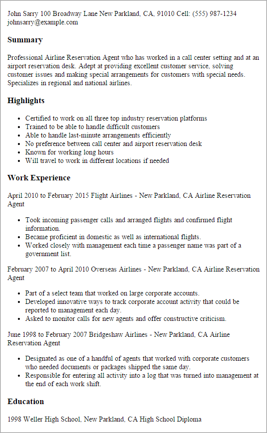 airline customer agent resume