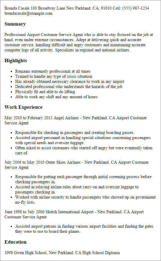 airport customer service agent resume no experience