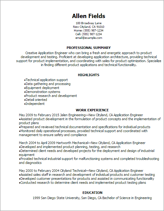 Professional Application Engineer Resume Templates to ...