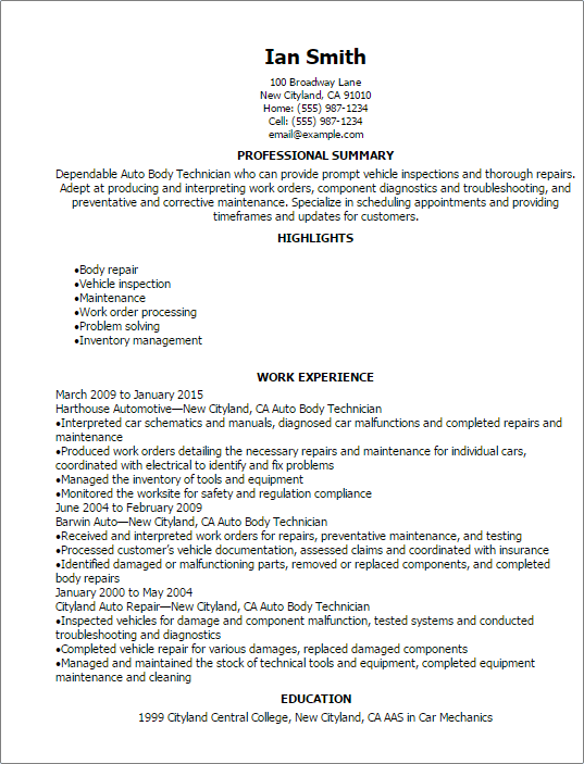 Auto Body Technician Resume Template Best Design Tips MyPerfectResume