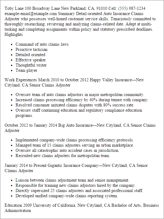 Auto Claims Adjuster Resume Example Myperfectresume