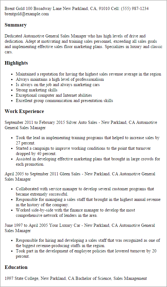 auto finance manager job description resume