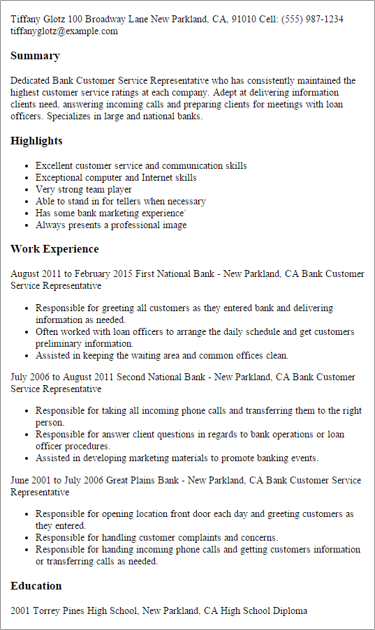 sample resume for bank customer service representative