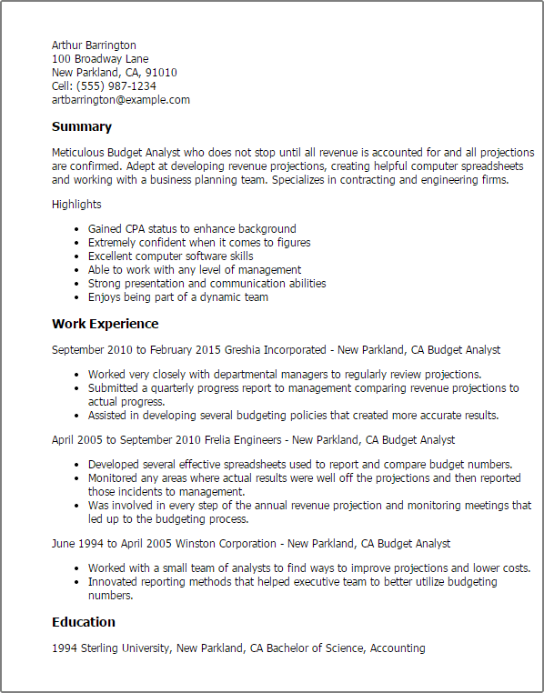 analyst budget resume