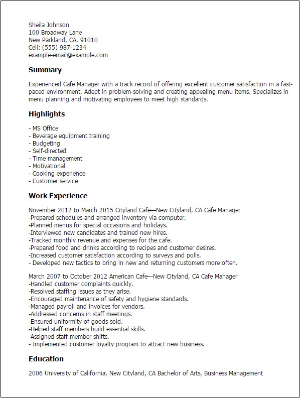 Cafe Manager Resume Template Best Design Tips Myperfectresume